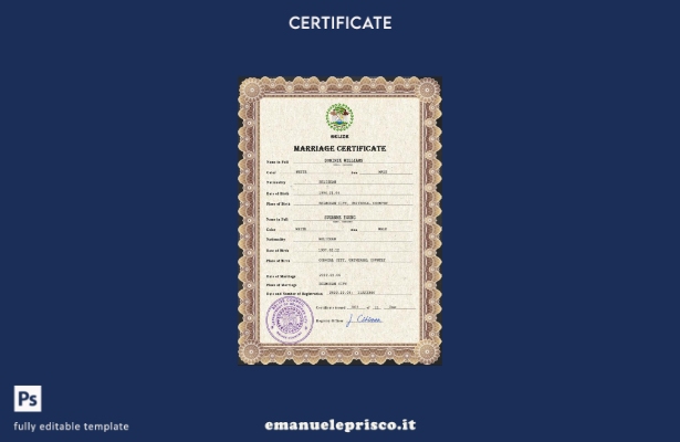 modello PSD di certificato di matrimonio del Belize in stile verificato